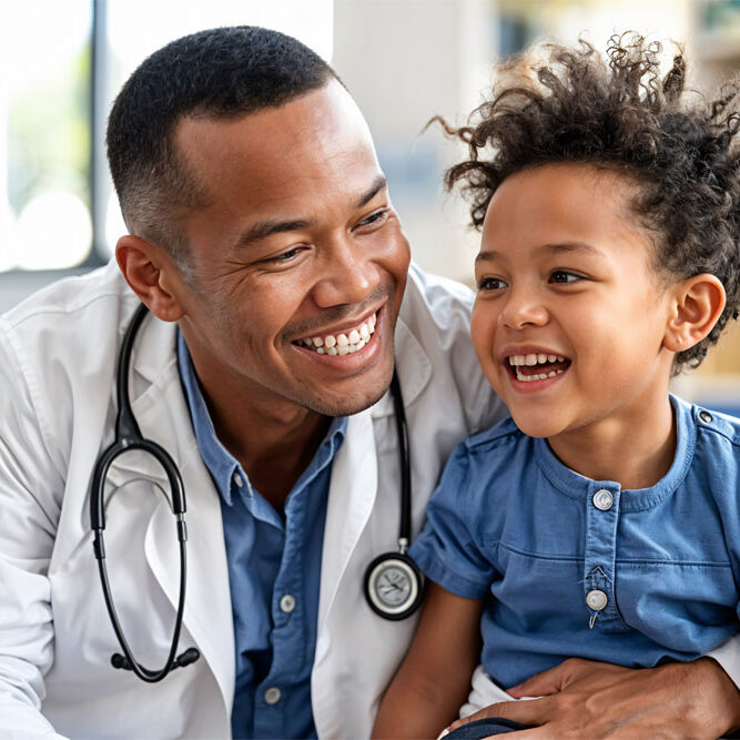 A smiling black man and a young boy sit together on a couch, sharing a joyful moment.